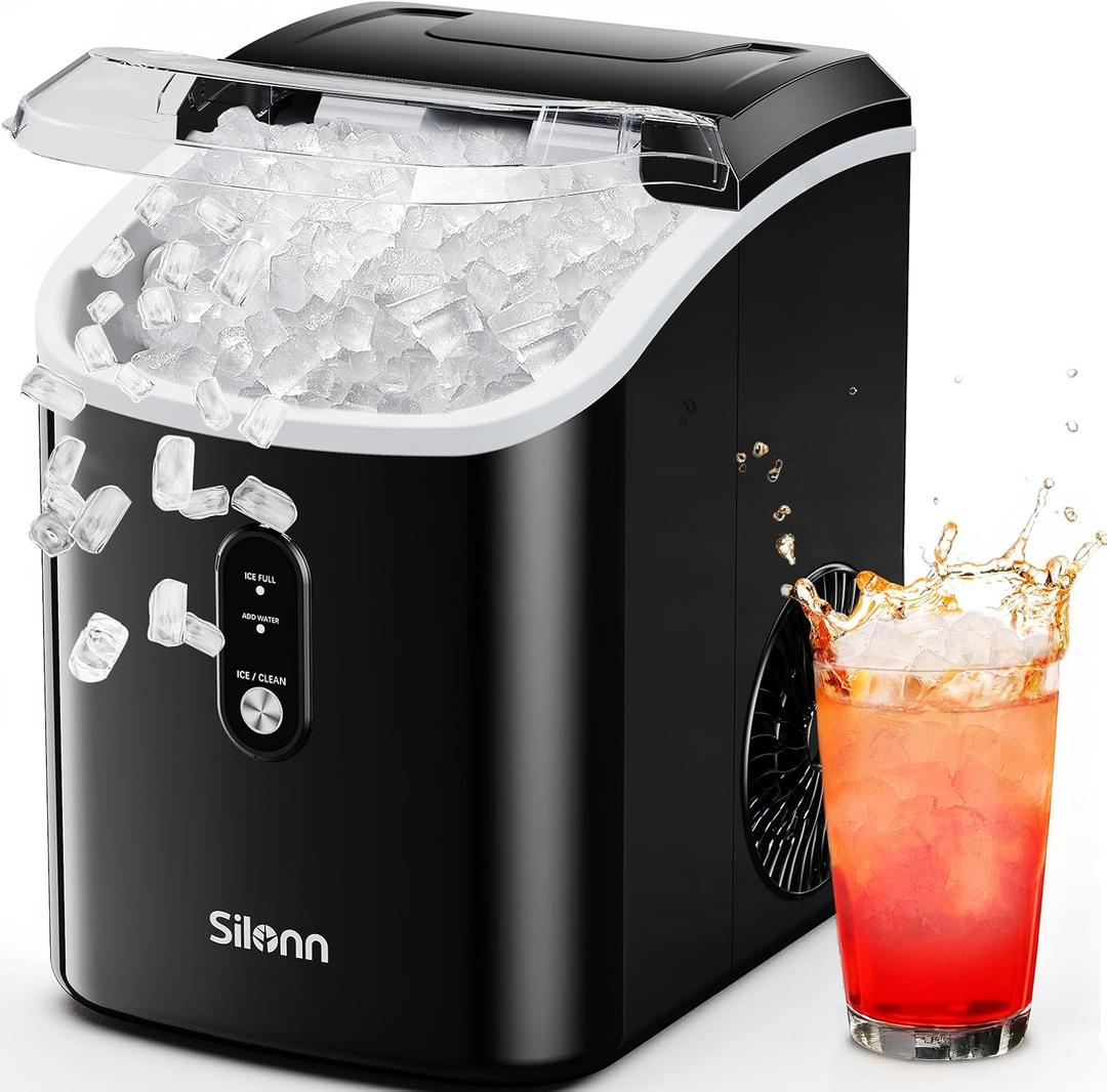 Silonn Nugget Ice Makers Countertop, Chewable Pellet Ice Machine with Self Cleaning Function, Portable Pebble Ice Maker with Ice Scoop for Home Kitchen Office, Black-transparent (33lbs)