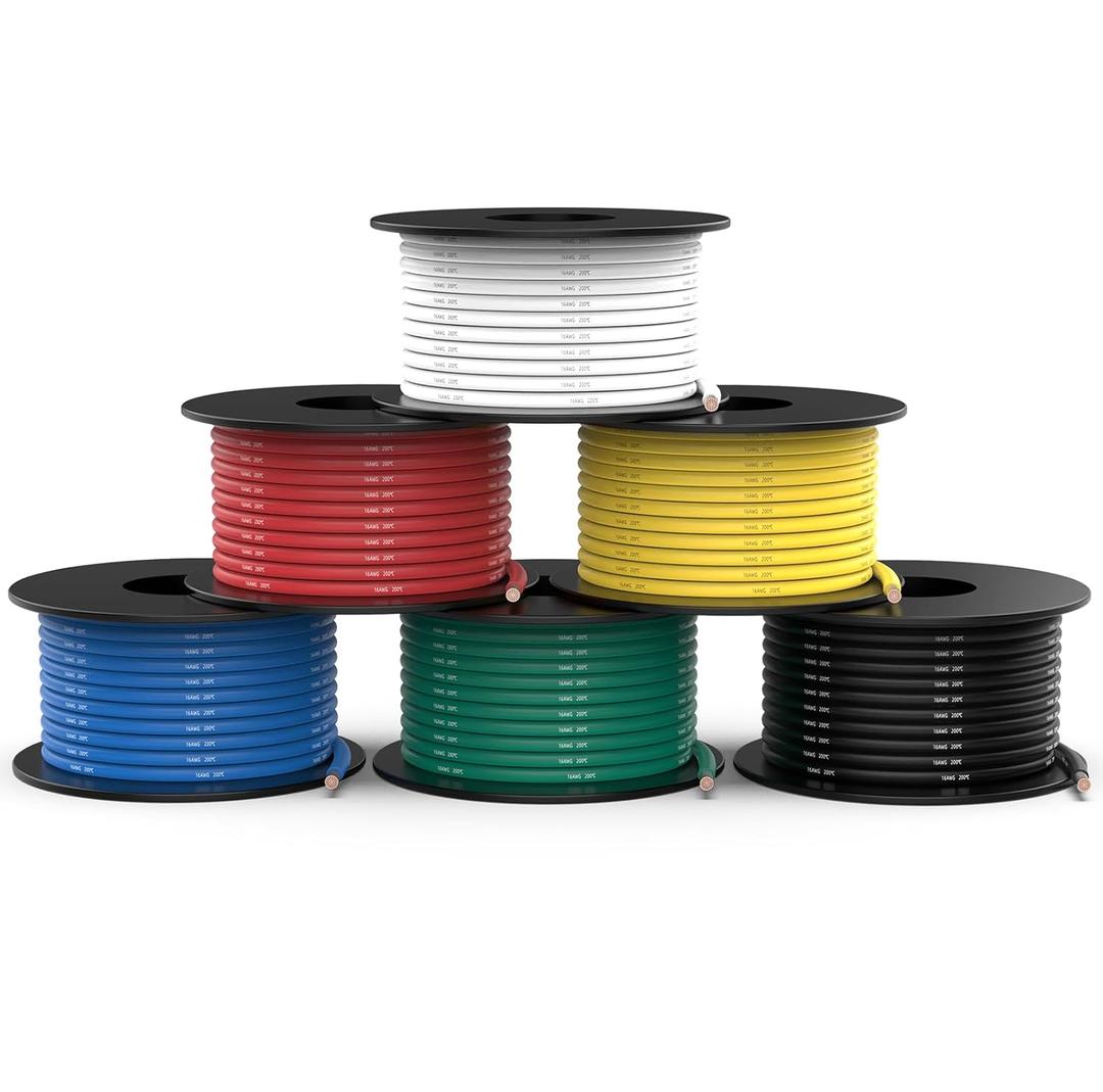 NAOEVO 16 Gauge Wire 90ft, 16 AWG Wire 6 Colors 15ft Each Spool, Flexible Silicone Tinned Copper Electrical Cable, Wiring kit for Breadboard/Automotive/DIY/Battery, 200