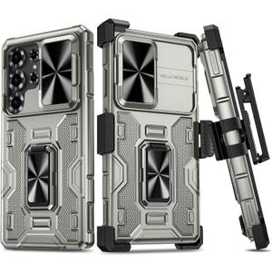 VEGO for Samsung Galaxy S25 Ultra Case, with [Belt Clip Holster] [Slide Camera Protector] [360Rotatable Ring Kickstand] Military-Grade Heavy Duty Protection Cover - Metallic Grey