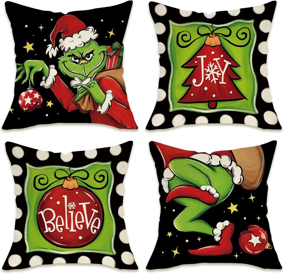 Fahrendom Merry Christmas Decorative Throw Pillow Covers 18 x 18 Set of 4, Xmas Pine Tree Ornament Joy Believe Porch Outdoor Pillowcase, Black Green Polka Dot Winter Holiday Cushion Case Home Decor