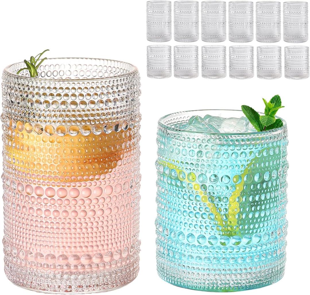 ZMOWIPDL Vintage Glassware Drinking Glasses Set of 12,Clear 12oz & 15oz Hobnail Glass Cups,Embossed Water Tumbler,for Beer,Cocktail,Whiskey,Juice and Various Mixed Drinks 1 Cleaning Brush