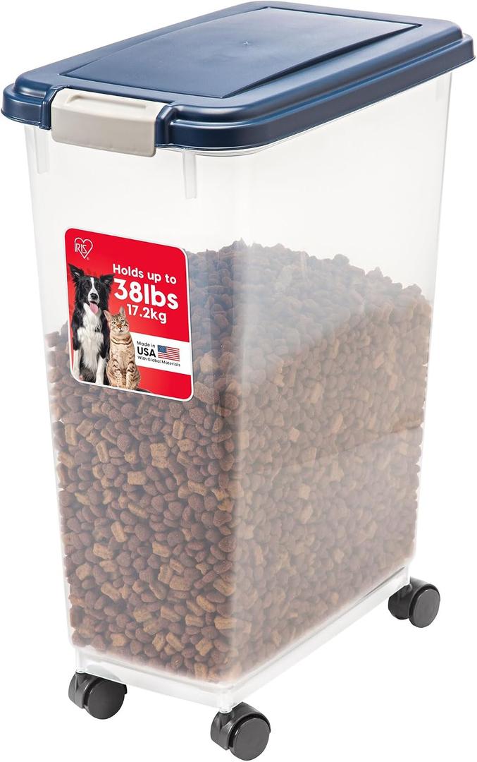 IRIS USA Dog Food Storage Container, Up to 38 lbs, Navy, Made in USA | Wheels for Mobility, Airtight Seal, BPA-Free, Best for Bird Seed, Cat food, Cat Litter, Chicken Feed, Pellets (Cracked)