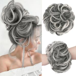 FESHFEN Messy Bun Hair Pieces - Large Wavy Curly Elastic Hair Bun Scrunchies Ponytail Extensions Synthetic Chignon Hairpieces for Women, Black Gray and White Tips 1.94oz