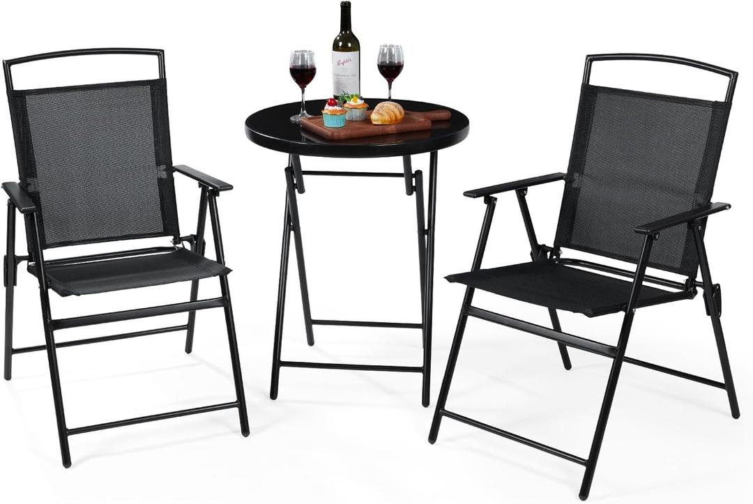 Backyard Expressions 3-Piece Folding Bistro Set  Outdoor Patio Furniture Set with 2 Mesh Chairs & Round Table  Weather-Resistant, Portable & Space-Saving Design for Balcony, Deck, Garden