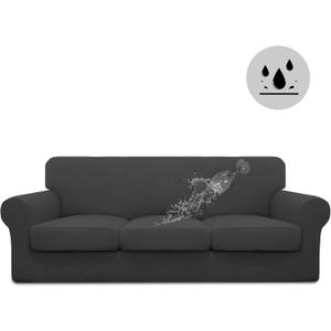 Easy-Going 100% Dual Waterproof 4 Pieces Stretch Soft Couch Cover for Dogs, Sofa Slipcover for 3 Separate Cushion Couch Leakproof Furniture Protector for Kids, Pets Dark Gray