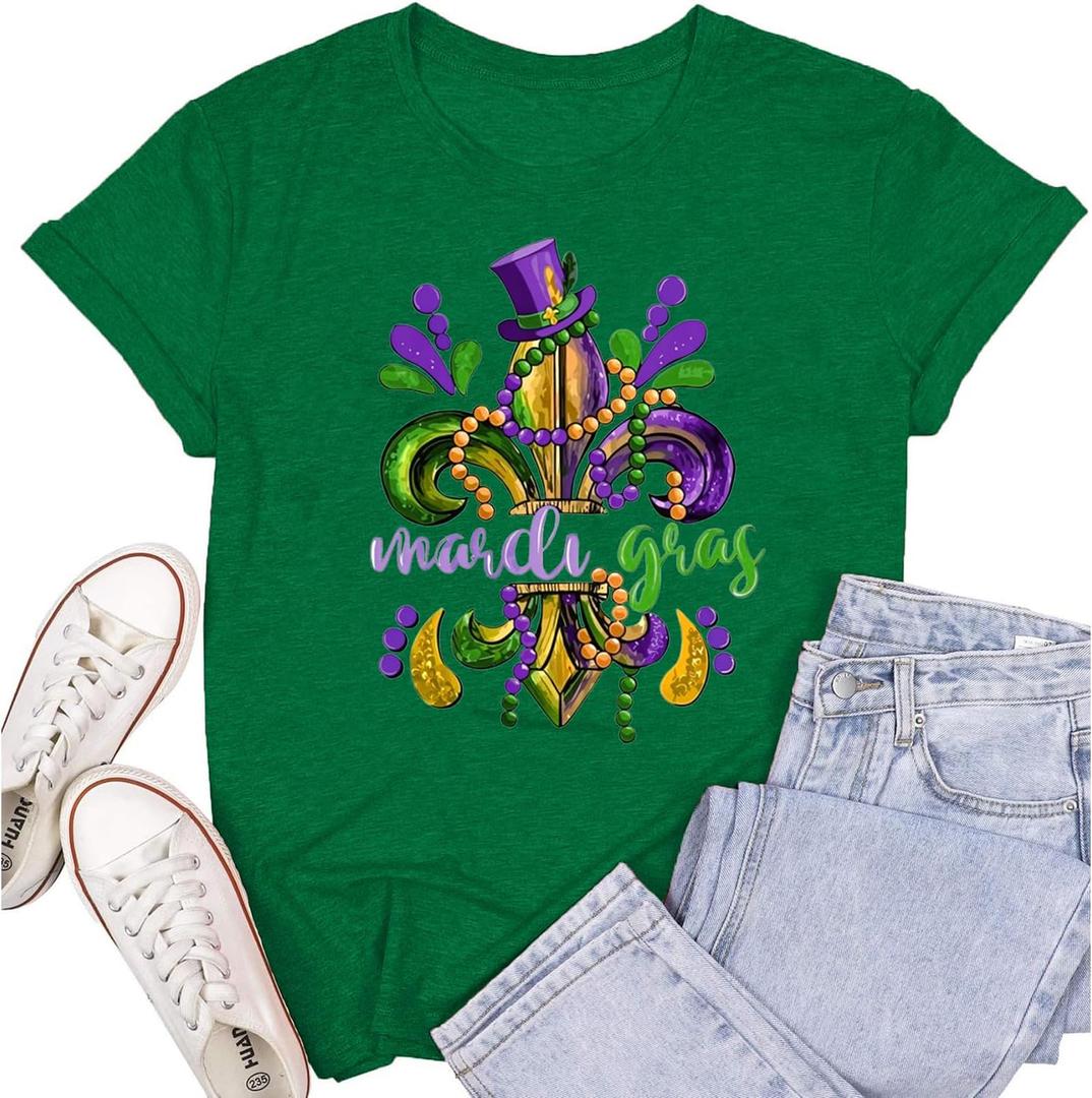 Women's Mardi Gras Shirt Nola Carnival Party T-Shirt Fat Tuesday Tee Tops (XXL)
