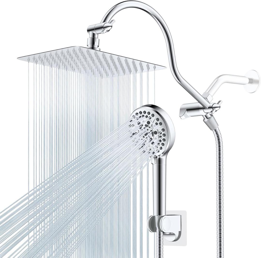 Hibbent All Metal Shower Head, 10'' High Pressure Rainfall Shower Head/Handheld Showerhead Combo with 12'' Adjustable Curve Shower Extension Arm, 10 Sprays, 71'' Shower Hose, Showerhead Holder, Chrome, Square 10