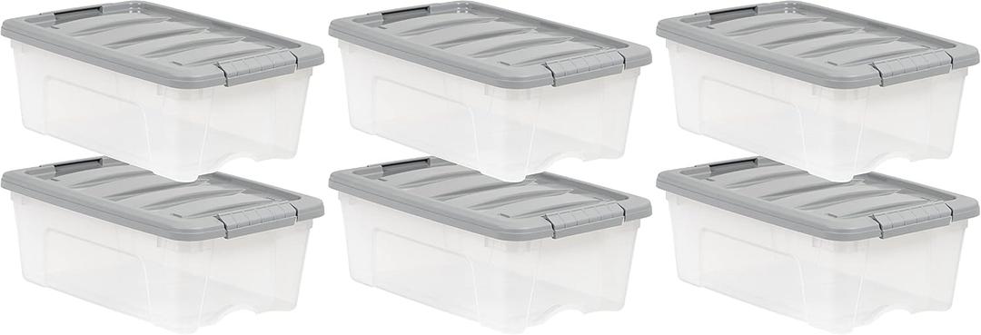 Amazon Basics Plastic Storage Containers with Secure Latching Lids, Stackable Organization Bins for Organizing, Clear/Grey, 12 Quart, Set of 6