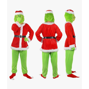 Green Monster Costume Christmas Adult, Halloween Outfit for Woman Men, Green Costume Santa Claus Cosplay 7PCS. Size XL