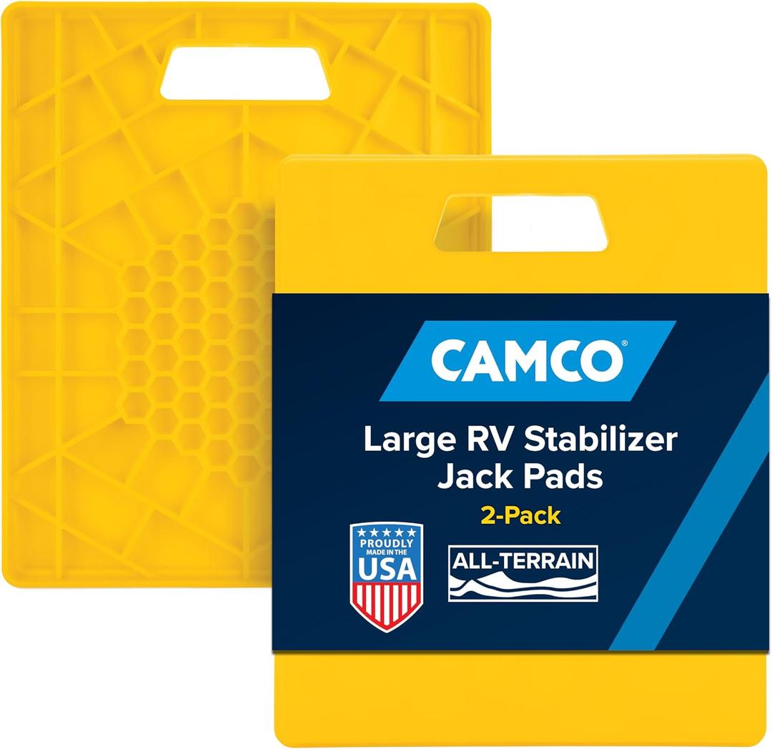 Camco Camper/RV Large Stabilizer Jack Pads - Features Interlocking Design & Handy Strap for RV Storage - Built-in Handle - Use with RV Leveling System, RV Levels & More - 14” x 12”, 2-Pk (44541)