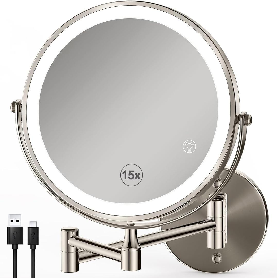 GREENFROM Magnifying Mirror with Lights 1x/15x: 8.5" Double Sided Wall Mounted Lighted Makeup Mirror for Bathroom, Brushed Nickel