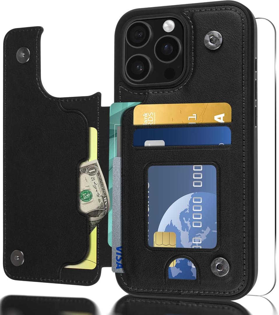 Seltureone for iPhone 16 Pro Max Case Wallet with Card Holder & Screen Protector, Premium PU Leather, Dual Magnetic Clasp and Durable Shockproof for iPhone 16 Pro Max Wallet Case - Black