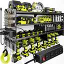Large Power Tool Organizer Wall Mount with Charging Station,4 Layer Heavy Duty Metal Tool Storage Rack Loads 600lbs with 8 Cordless Drill Holder,Battery Utility Rack Loads with 4 Power Strip