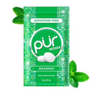 PUR Mints | Aspartame Free Breath Mints | Made with Xylitol | Sugar Free, Vegan, Gluten Free | Natural Spearmint Flavor | 65 Pieces in Re-Sealable pouch (Pack of 1) (EXP 03/22/28)
