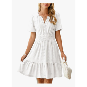 Simplee Womens 2025 Summer Mini Dress Eyelet Short Sleeve Cocktail Short Dresses Cute A Line Sun Dress with Pockets(White M)