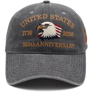 250th Anniversary USA Hat United States 250 Year American Anniversary Hat Patriotic Embroidery Baseball Cap (Gray)