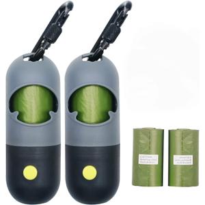2 Pack Poop Bag Holder with Rechargable Flashlight Dog Poop Bags Dispenser for Leash with Green Scented Dog Waste Bags and USB Cable(Black,2 Dispenser 60 Bags)