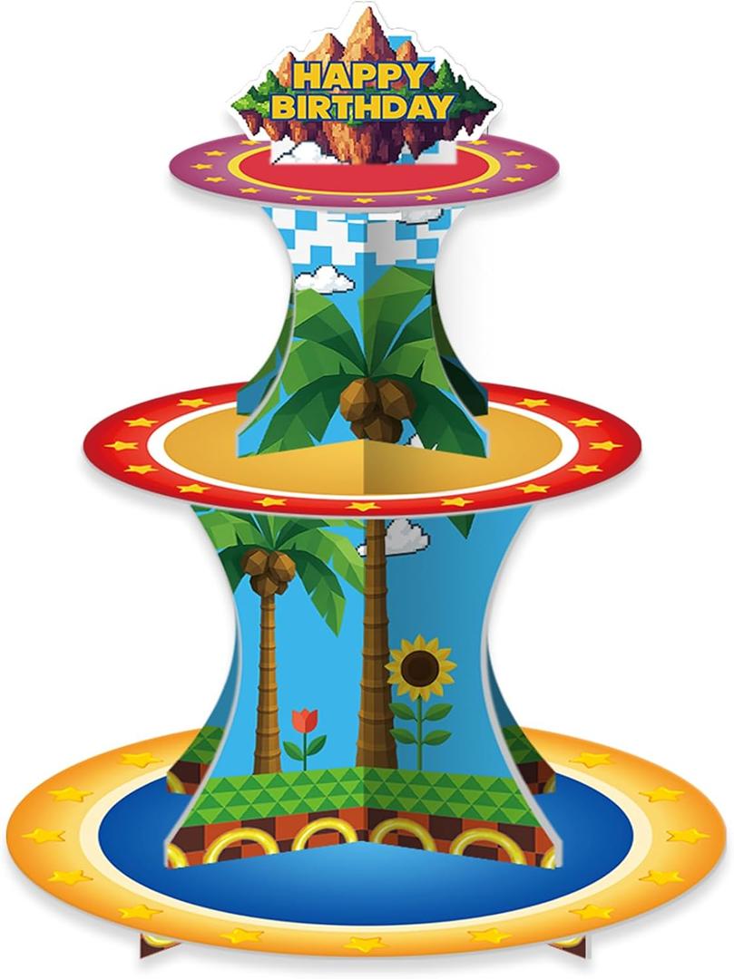 2 x Blue Speed Racer Cupcake Stand, 3 Tier Dessert Holder for Gamer Party Supplies, Fast Track Adventure Golden Ring Theme Birthday Decorations for Boys Girls Kids (Adventure Style)