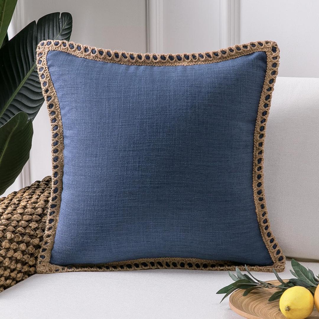 Phantoscope Farmhouse Solid Throw Decorative Pillow Cover Burlap Linen Trimmed Tailored Edges Outdoor Pillow Navy Blue 20 x 20 inches, 50 x 50 cm, Pack of 1
