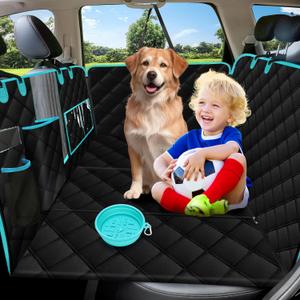 Dog Car Seat Cover for Back Seat, Car Seat Protector for Dogs, Hard Bottom Supports 450 lbs, Triple Waterproof, Non-Slip, Exclusive Zipper Design for Child Seat & Dog Seat Belt (Large, Black-Aqua)