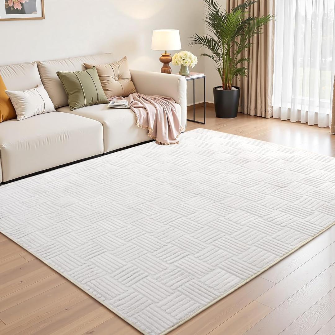 5x7 Cream White Washable Shag Area Rug for Girls Bedroom, Modern Geometric Non Slip Living Room Rugs, Fluffy Soft Thick Carpet for Kids Room, Dorm, Office, and Home Decor (5' x 7' (Rectangular))