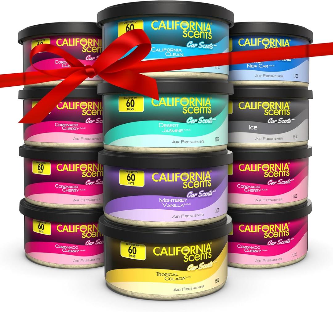 California Scents Can Air Freshener and Odor Neutralizer, Set of 12 Spillproof Cans for Home and Car, Stocking Stuffers, Assorted Scents, 1.5 Oz Each 