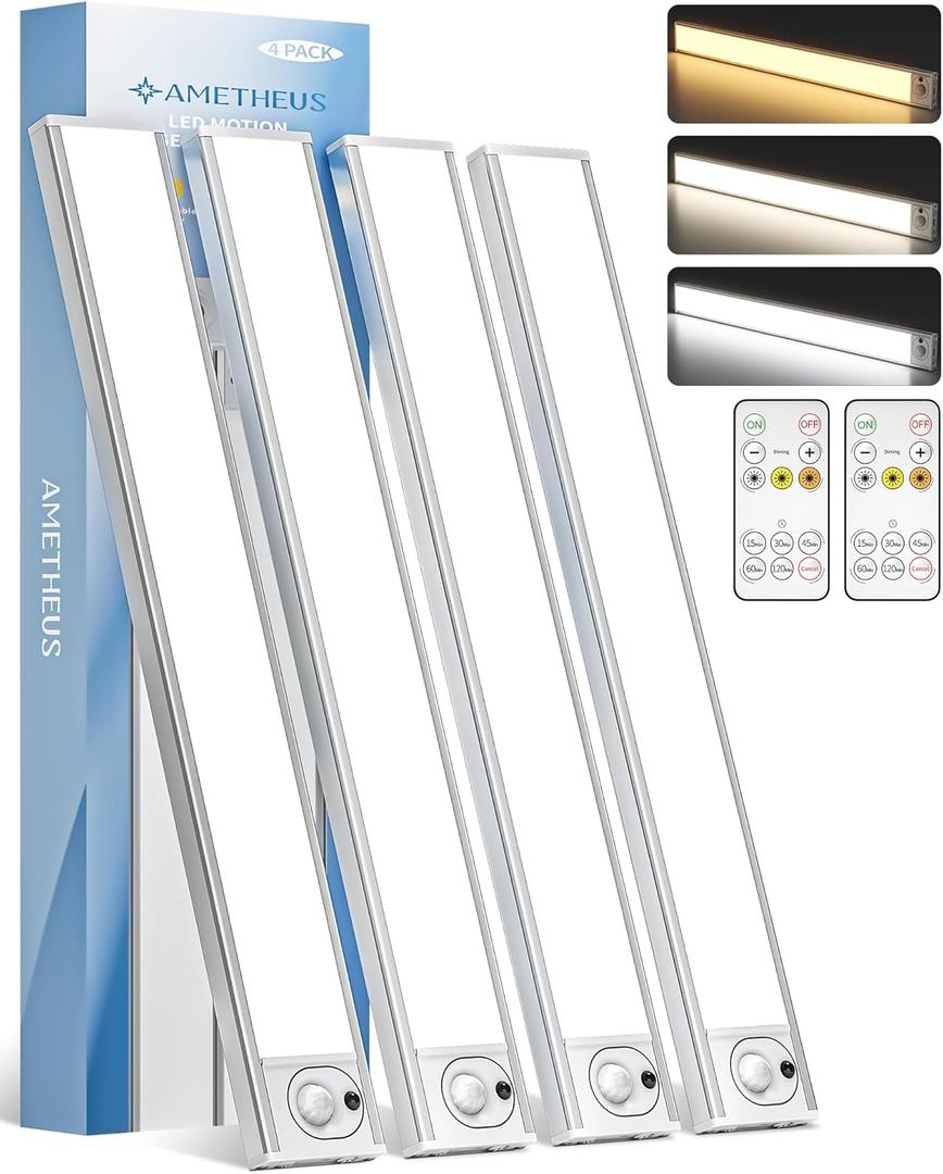 4Pack 16inch Under Cabinet Lighting, Rechargeable Motion Sensor Light Wireless Indoor, Dimmable 3 Color Temps Closet Lights, Under Counter LED Lights for Kitchen, Stairs