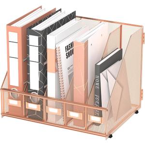 DALTACK Desk Organizers Metal Magazine File Holder with 5 Vertical Compartments Folder Storage Binder Organizer for Office Home School Organization, Rose Gold, Plus