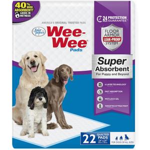 Four Paws Wee-Wee Super Absorbent Unscented Pee Pads for Dogs & Puppies with Insta-Rise Border, Leak-Proof Dog Housebreaking Potty Training Floor Protection, 24" x 24", 40 Count