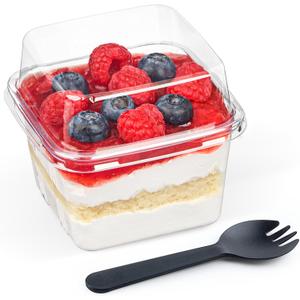 Zezzxu 8 oz Dessert Cups with Lids and Spoons, 50 Sets, Square Plastic Dessert To-Go Containers with Dome Lids & Sporks for Yogurt Parfait, Fruit, Pudding, Cake, Mousse, Tiramisu