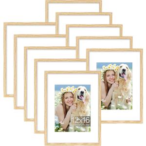 DecorUhome 12x16 Picture Frame Set of 10, Display Photos 8.5x11 with Mat or 12x16 Unmatted for Picture Frames Collage Wall Decor, Natural