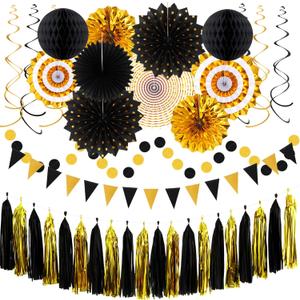 Black-Gold Graduation Party-Decorations - 33pcs Kits Banner, Streamers Tassel Garland,Tissue Pom Poms Honeycomb, Paper Lantern Fans,Wedding New Year Birthday Baby Shower Decor Hugtmr