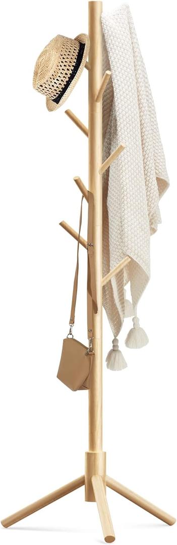 Haddockway Wooden Coat Rack Stand with 8 Hooks New Zealand Pine 3 Adjustable Coat Standing Tree Easy Assembly for Coats, Hats, Scarves and Handbags for Entryway, Hallway, Bedroom, Office