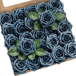 Ling's Moment Artificial Flowers 25Pcs Navy Blue Roses Decor w/Stems,3" Real Touch DIY Foam Floral for Wedding Bouquet/Centerpieces, Outdoors Party Backdrop, Room/Table, and Garden/Pot Decorations