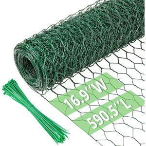 Chicken Wire 16.9 in x 590.5 in Poultry Wire Netting Hexagonal Galvanized Mesh Garden Fence Barrier for Pet Rabbit Chicken Fencing with 100 Pcs Cable Zip Ties(PVC-Coated) (Green)