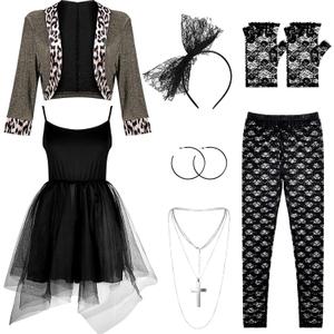 Boyiee Womens 80s Costume Set Dress Jacket Headband Earrings Necklace Lace Legging Gloves Halloween 80s Themed Costumes (Large)