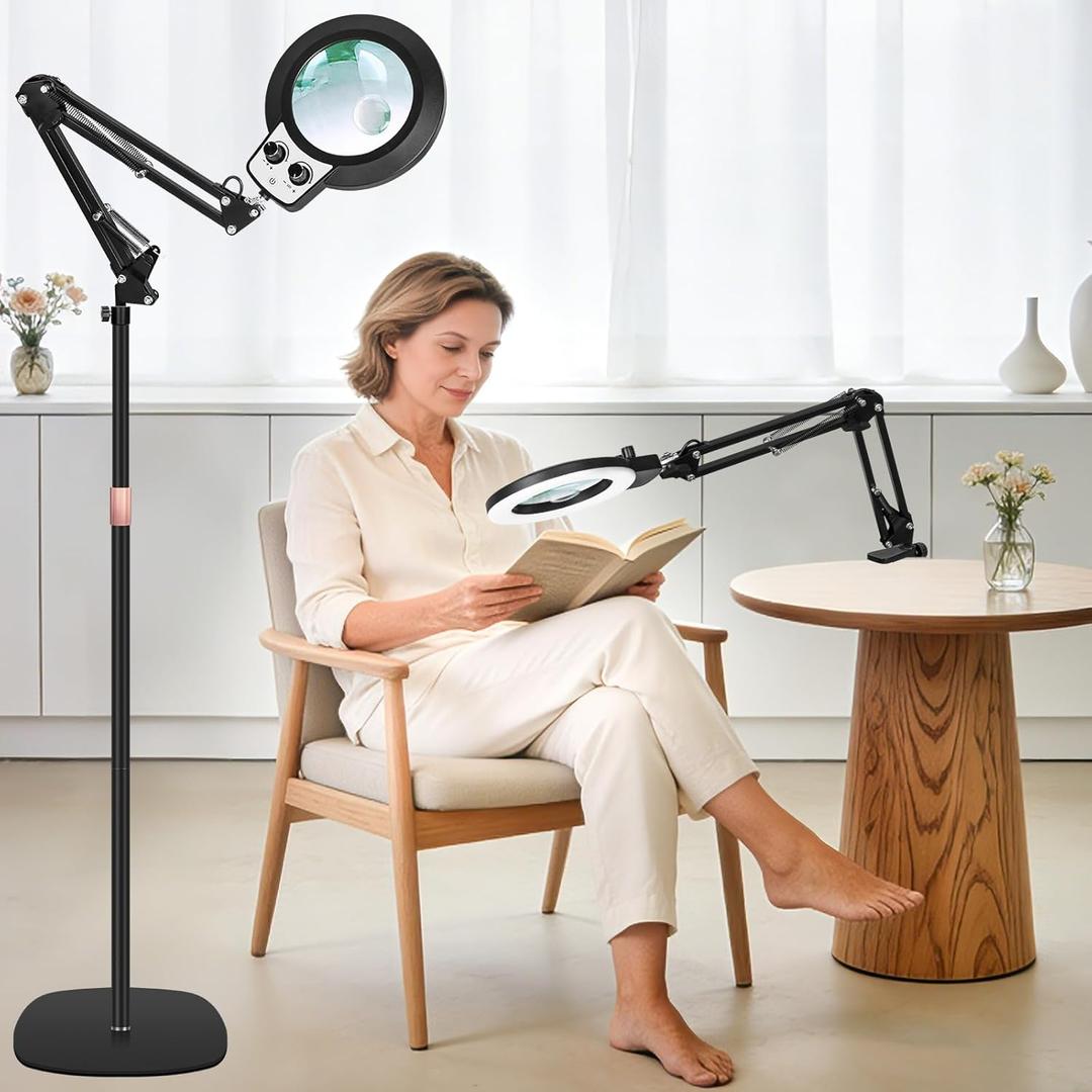 KIRKAS 30X 12X Magnifying Glass with Light and Stand, Stepless Brightness Color Modes & Adjustable Height Floor Magnifying Lamp, 2 in 1 Lighted Magnifier for Craft Reading Sewing Close Work- Black