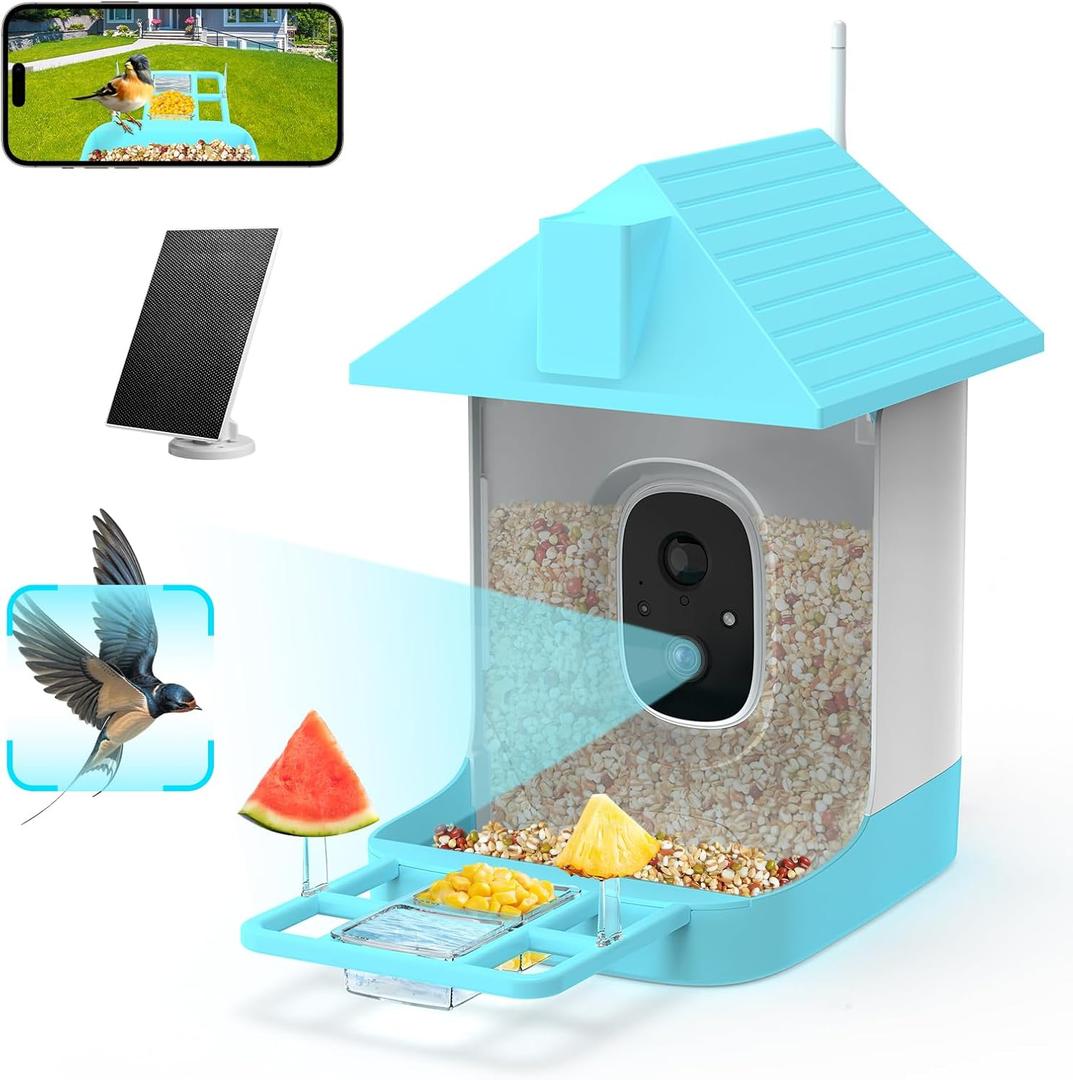 Smart Bird Feeder with Camera, 5200mAh Battery with Solar Panel, 2K Live View/AI Identifies/App Control/Instant Arrival Alert/Auto Capture/135 Motion Detection/IP65 Waterproof, Ideal Gift (Lake Blue)