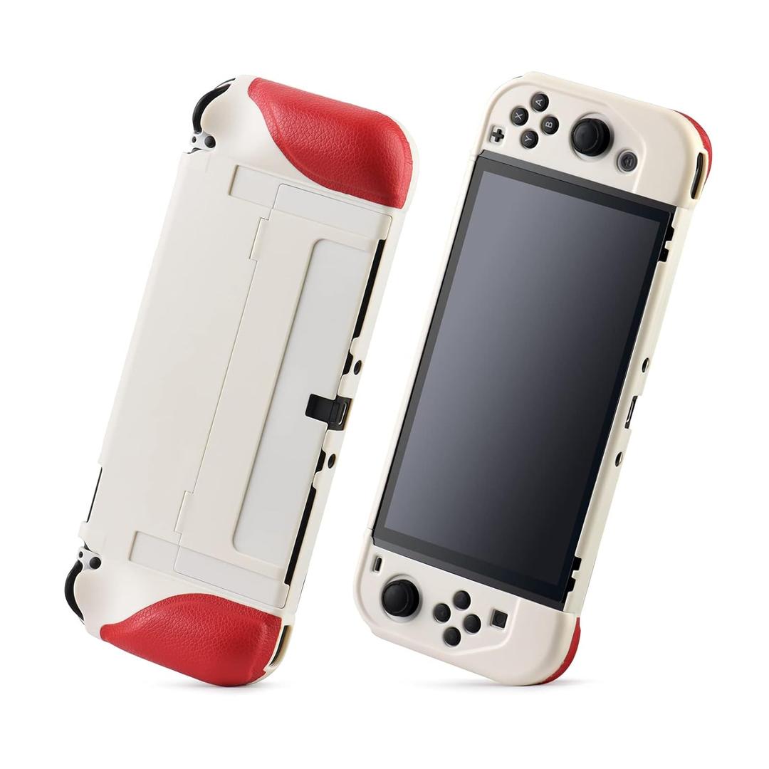 UYIYE Kickstand Case for Nintendo Switch OLED 2023 - Protective and Reliable Accessory with Stand Function (A-White+Red)