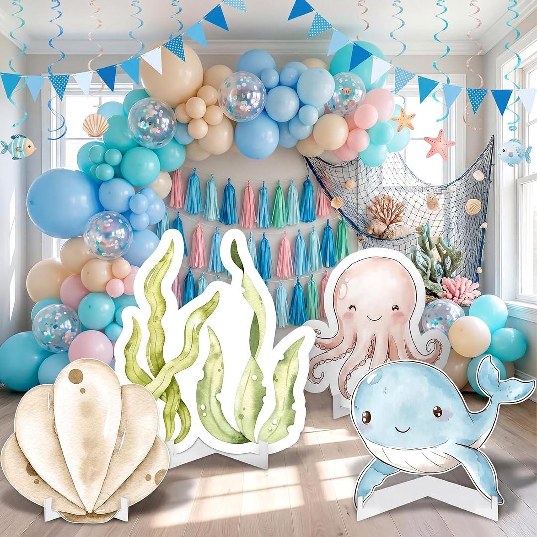 Honoson 4 Pcs Large 24" x 32" Under The Sea Party Decorations Ocean Themed Baby Shower Backdrop Marine Animals Cardboard Cutouts Sign Photo Props for Birthday Party Supplies