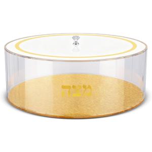 13.5 Inch Judaica Matzah Box with Cover Round Acrylic Matzah Holder with Lid Passover Gold Box for Pesach Seder Table