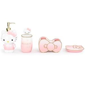 Jay Franco Hello Kitty 4 Piece Bathroom Accessories Set - Pink Resin Soap Dispenser, Toothbrush Holder, Soap Dish, Tumbler - Sanrio Kawaii Bathroom Decor