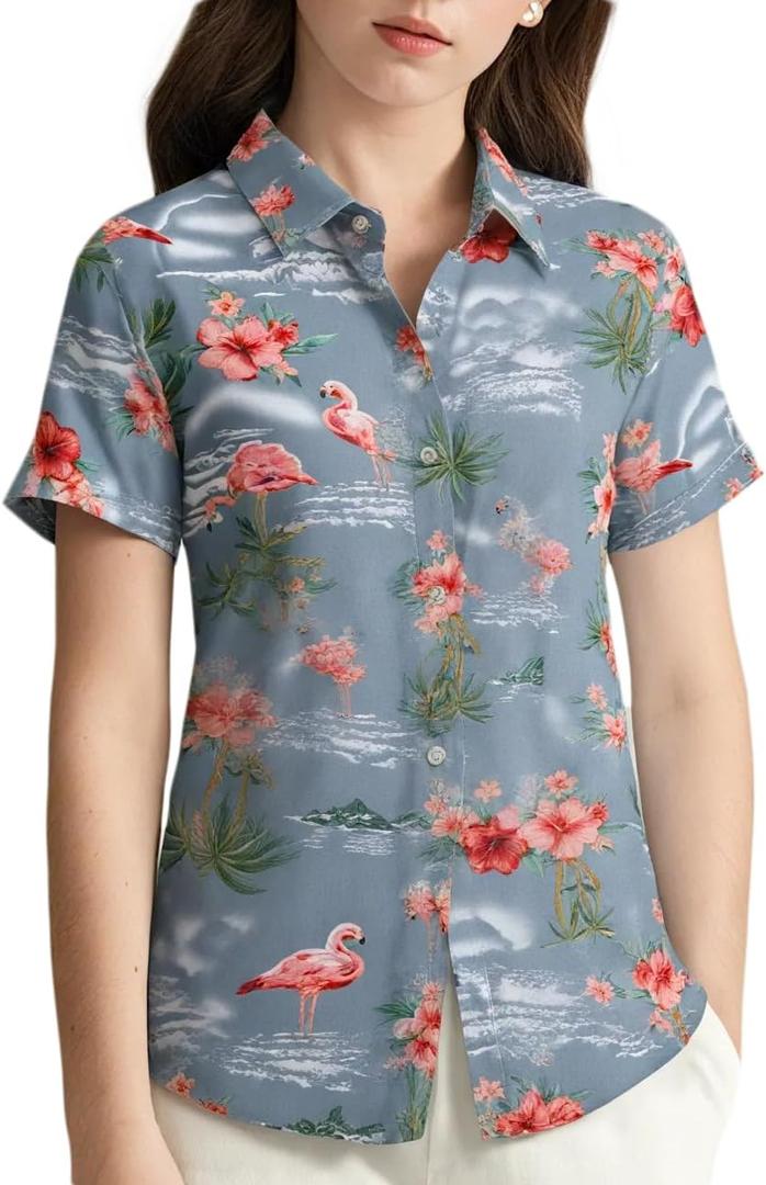 SSLR Big Girls Hawaiian Shirt Beach Tropical Summer Casual Short Sleeve Button Down Shirt, M
