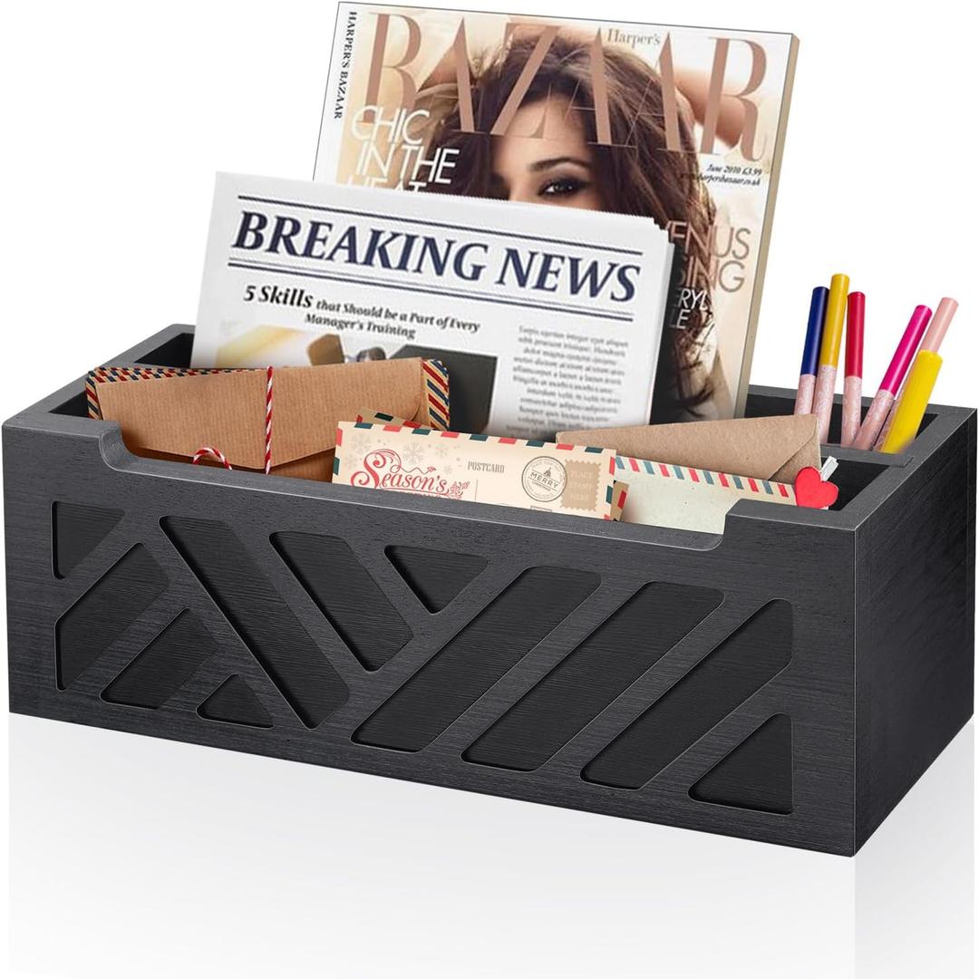 Mail Organizer Mail Holder Countertop with 2 Slots, Wood Mail Basket for Wall Table Desk, Envelope Bill Holder for Home Office Decor (Black)
