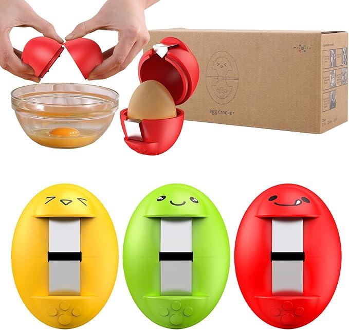 PowCube Egg Cracker, Silicone Egg Shell Opener, Cute Egg Shaped Design, Opens Eggs with Ease, A Little Happiness Boost for Your Kitchen. (3Pack–Green, Red, Yellow)