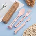 3PCS Wheat Straw Cutlery, Reusable Utensils Set Portable Travel 3 in 1 Spoon Fork Knife Tableware, Eco-Friendly, BPA Free, Flatware for Kids Adults, Travel Picnic Camping (Pink)
