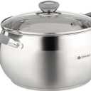 Daniks Modern 7 Quart Stainless Steel Stock Pot with Glass Lid, Tri-Ply Bottom for Even Heating, Induction Compatible, Dishwasher Safe, Heatproof Handles