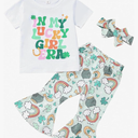 Noubeau Toddler Baby Girls St.Patrick's Day Outfit Kid Clover Short Sleeve Shirt Tops Shamrock Flare Pants Sets Headband 5-6 Y