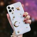 2 x Bonitec Compatible with iPhone 14 Pro Max Case 3D Clear Luxury Moon Star Universe Silicone Bedazzled Sparkly Transparent Glitter Anti-Scratch Non-Slip Protective Fashion for Women and Girls (Gold)