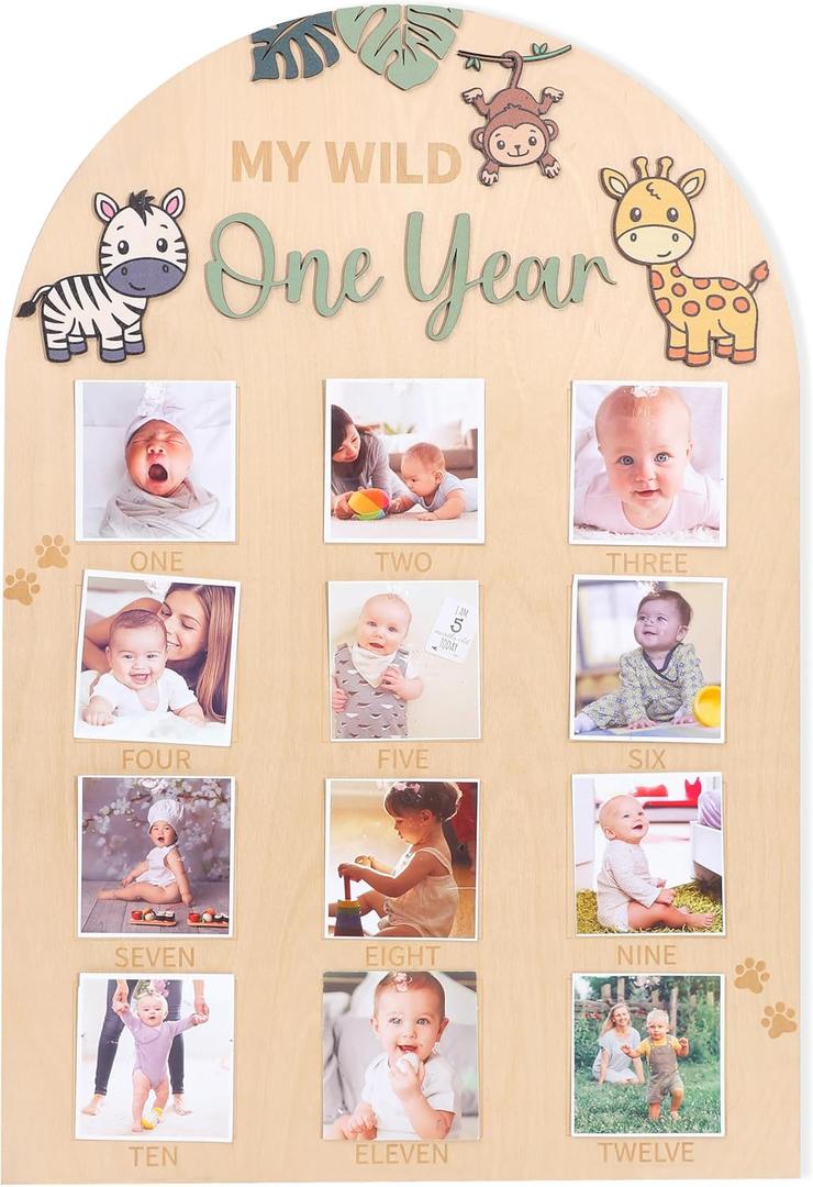 Wild Photo Board Jungle Animals Birthday Party Decorations Wooden Board 12 Monthly Milestone Picture Frame One Year Old 1st Birthday Banner for Baby Boy Girl Keepsake Gift Supplies (Fit 2.95x2.95 in Pic), 12x16 inches